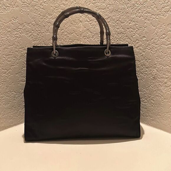 Gucci Bamboo Handle Tote Bag Monochromatice Black Satin Purse Multicompartment - Picture 1 of 16